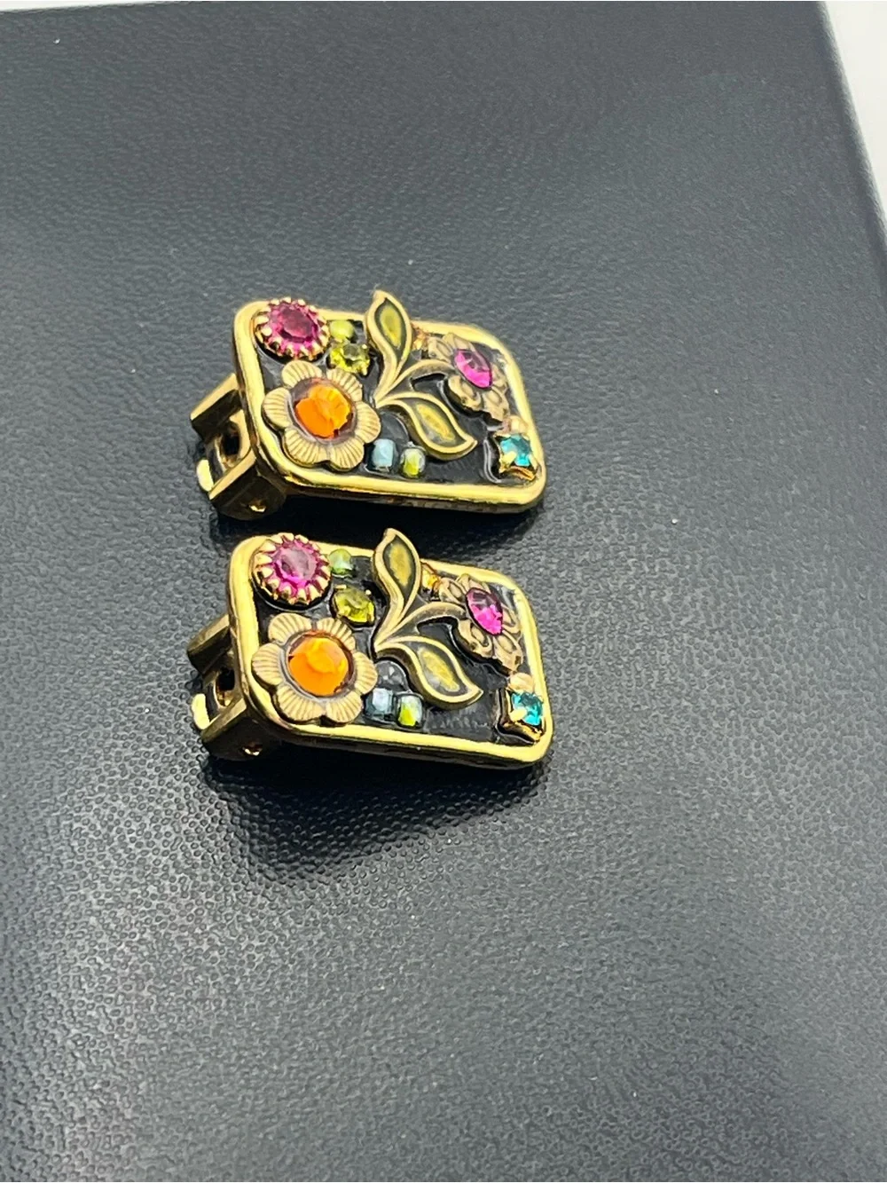 Michal Golan Midnight Garden enamel rhinestone rectangle clip on earrings flower